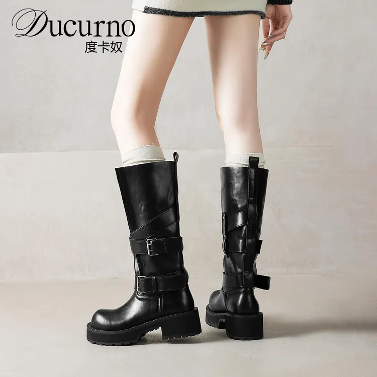 DUCURNO英伦风真皮厚底机车靴女皮带扣高筒骑士靴潮酷不过膝长靴