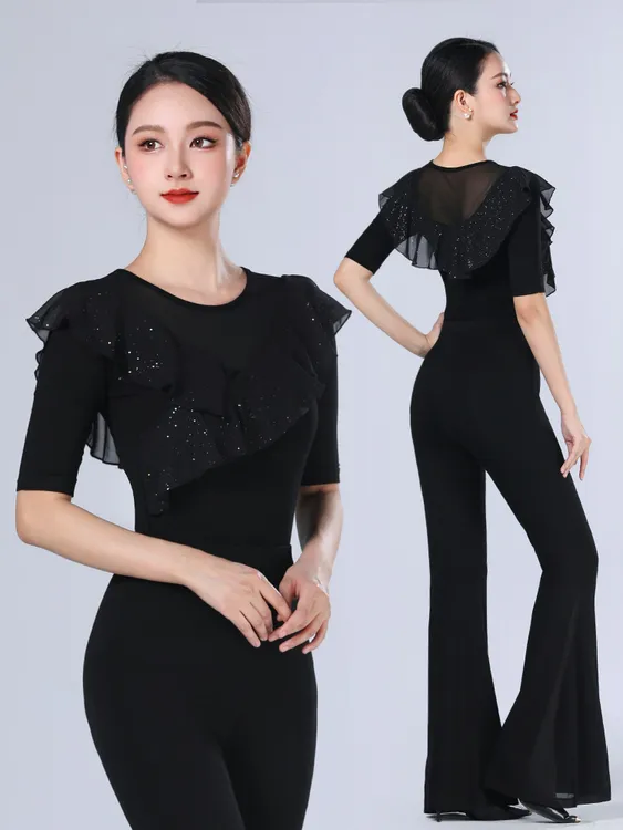 新款形体亮片走秀训练服装女夏季舞蹈导师形体服喇叭裤练功服装