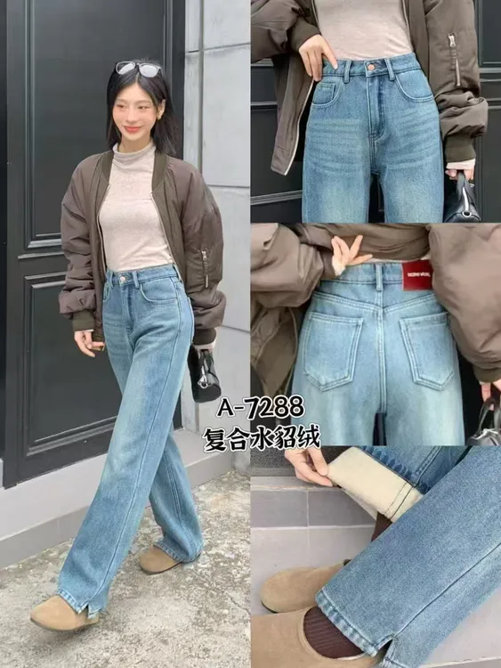 7288加厚冬季新品复古蓝弹力烟管直筒显瘦加绒牛仔裤女