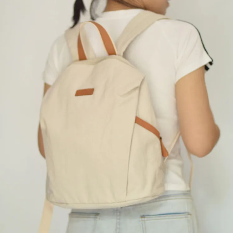 原创新款男女适用双肩包背包帆布配皮背包休闲纯色