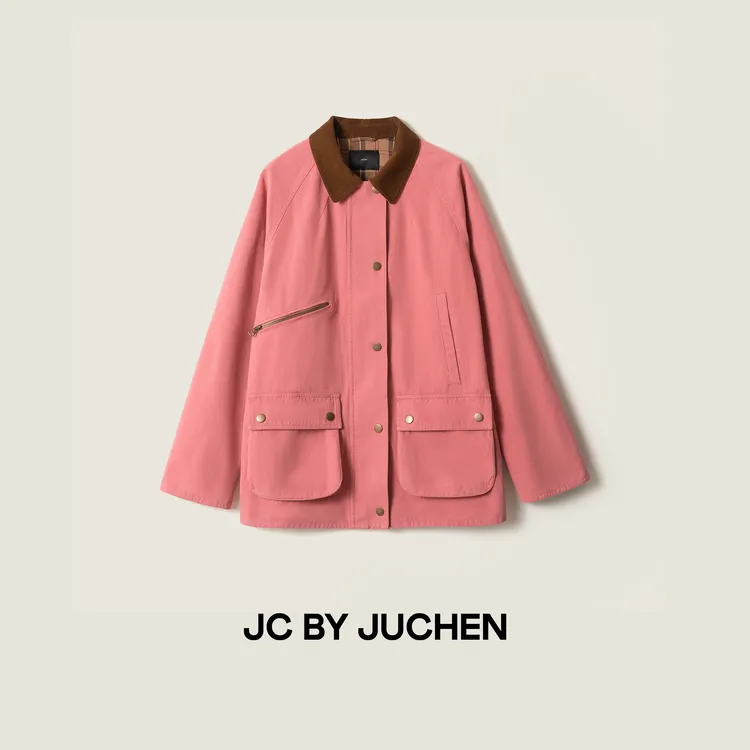 “皮卡迪利远行”轻微旧化质感竹桃粉直廓形猎装工装外套FW085069