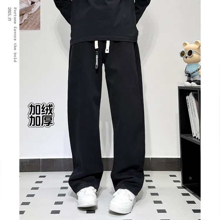 秋冬新款美式男女简约牛仔裤高街百搭显瘦直筒裤潮牌水洗做旧长裤