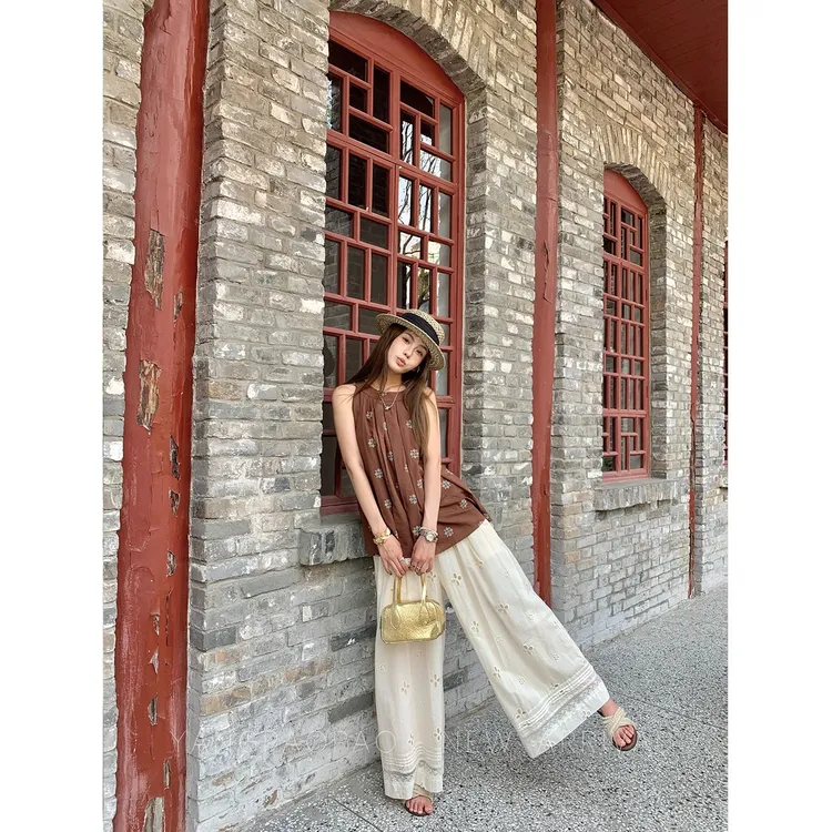 白色蕾丝钩花拼接阔腿裤女夏季新品仙女凉凉裤宽松休闲直筒裤长裤