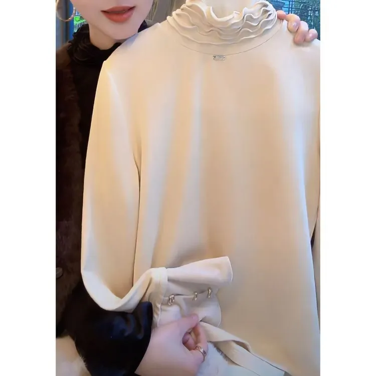 2025秋冬新款显瘦褶皱加绒磨毛半高领长袖T恤女设计感通勤上衣潮