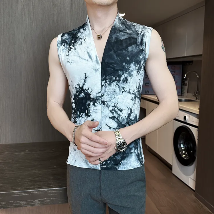 扎染V领坎肩背心男装潮牌痞帅夏季2025新款爆款网红印花无袖T恤男
