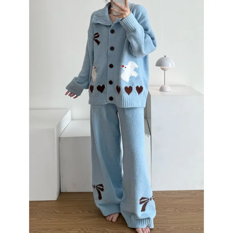 韩系甜美可爱针织半边绒睡衣女秋冬新款加厚宽松休闲家居服套装