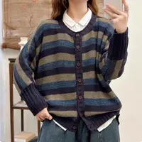 长袖条纹针织开衫秋季新款文艺复古气质百搭减龄圆领显瘦女外套