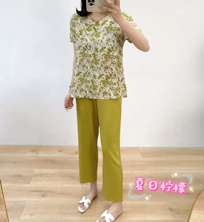 当当家-（人造棉）时尚夏日休闲夏季宽松国风盘扣棉绸高品套装-030