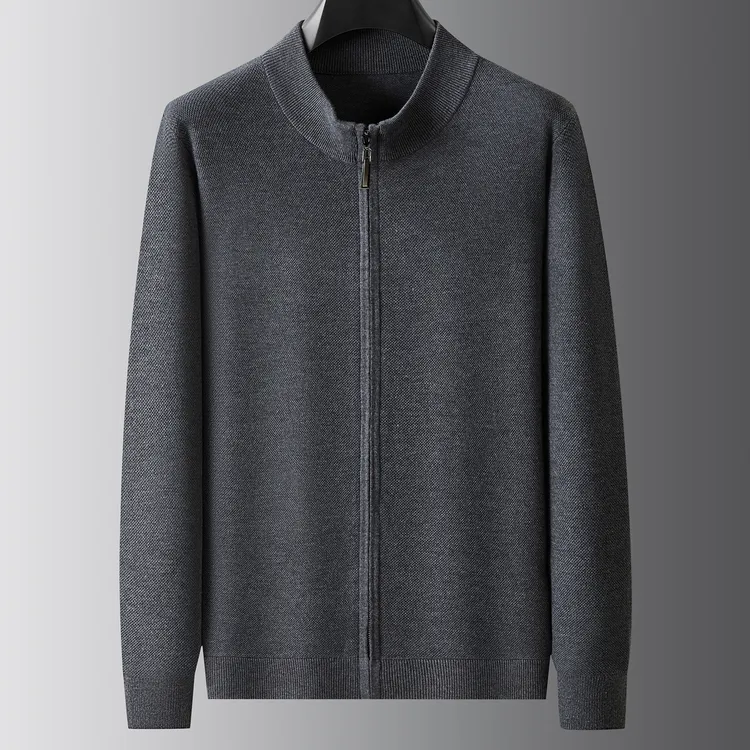 加肥加大码男士时尚立领针织衫外套肥佬休闲纯色羊毛混纺毛衣开衫