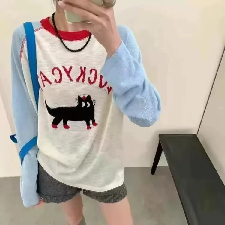 【幸运猫】撞色插肩袖防晒衫女2025春拼接圆领宽松休闲百搭长袖T恤