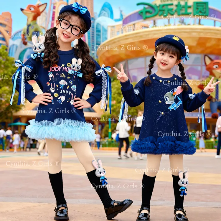 MN女童朱迪警官卫衣裙2025秋冬新款洋气女孩满天星兔子labu连衣裙