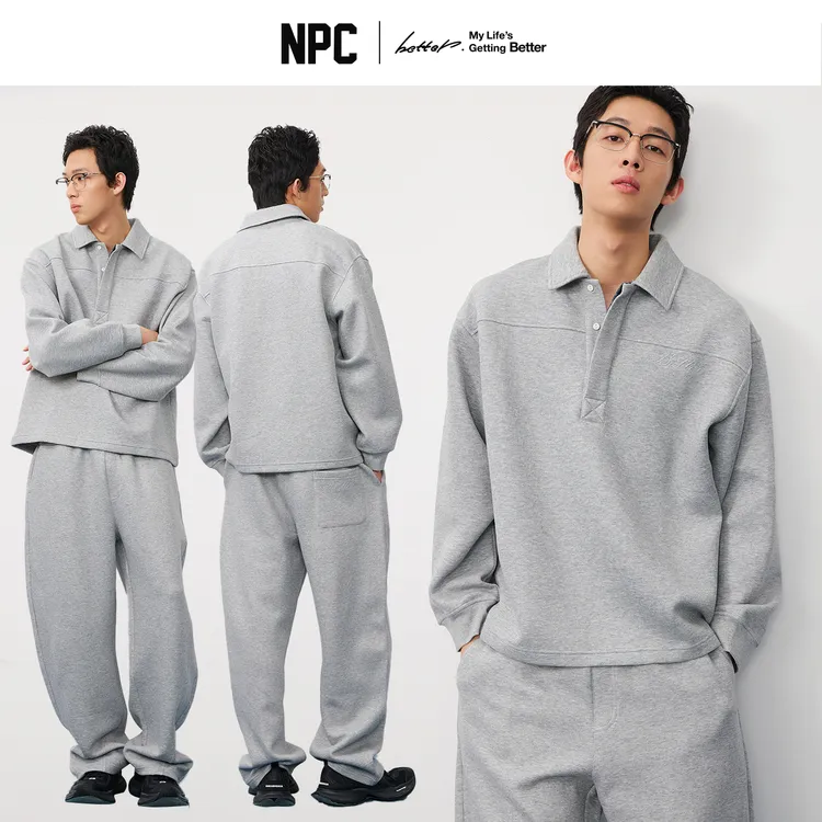 NPC潮牌【空气层】宽松学院风POLO领卫衣卫裤套装简约休闲NP58ST14