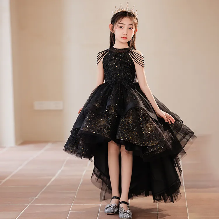高端女童黑色生日公主裙小提琴晚礼服儿童小主持人钢琴走秀演出服