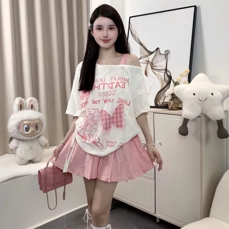 美式甜酷风斜肩吊带短袖t恤女夏季百搭设计感小众露肩上衣百搭