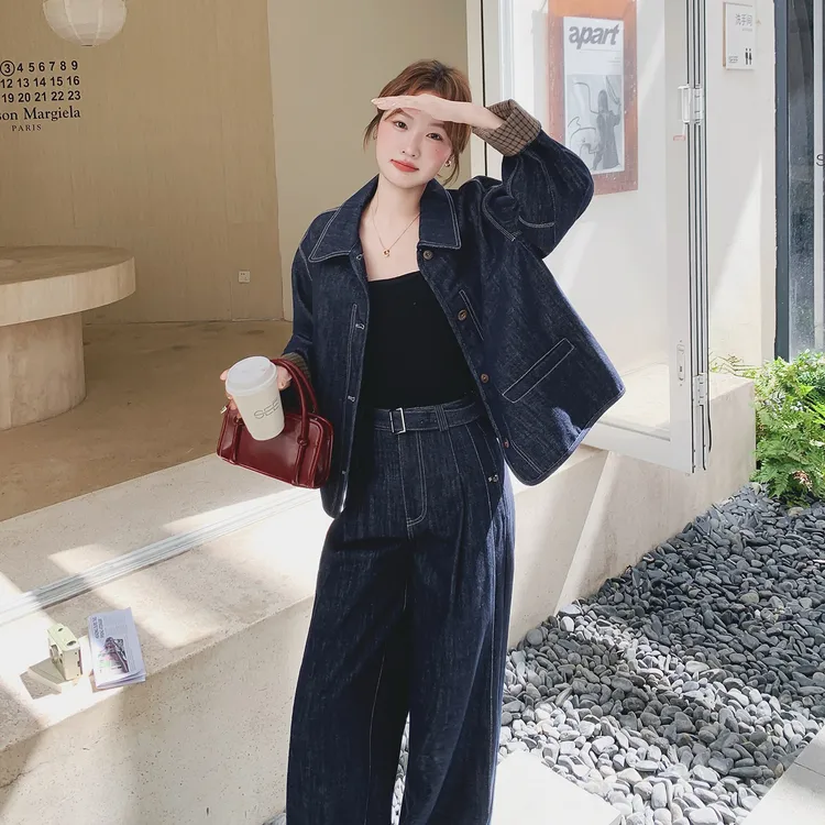 港风复古通勤牛仔套装女2025秋新款格纹拼接翻领外套阔腿裤两件套