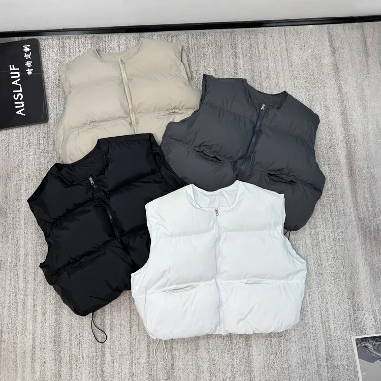 冬季2025新款时尚圆领抽绳夹棉马甲休闲宽松加厚外穿保暖背心上衣