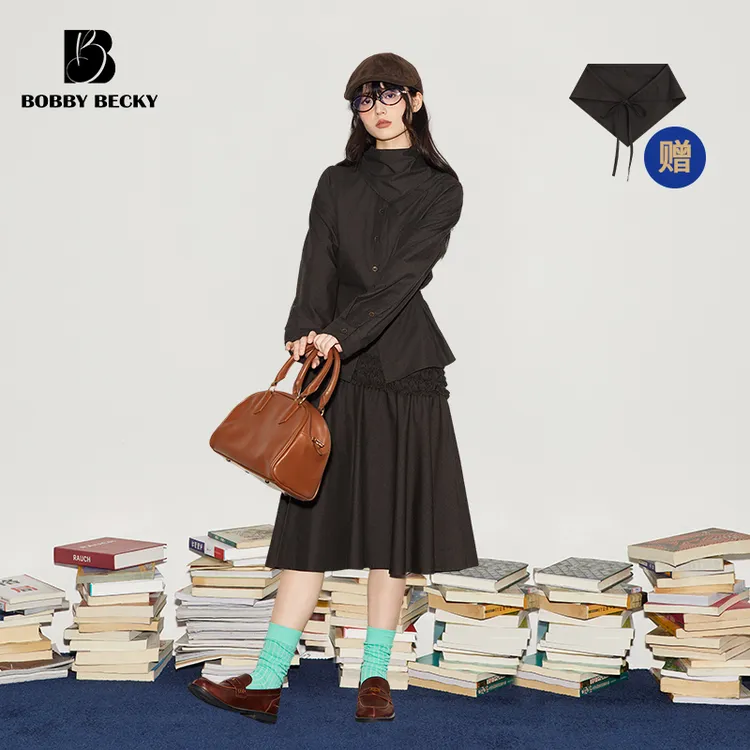 Bobbybecky复古三开身立裁两穿磨毛衬衣可收腰简约褶皱花边半身裙