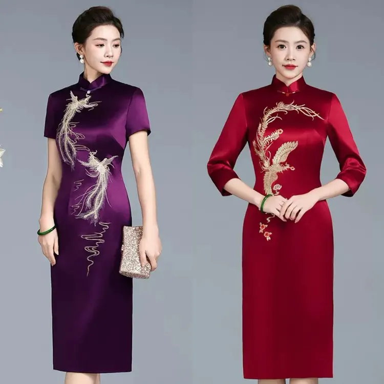 2025秋冬【正品苏绣】进口三醋酸喜妈妈旗袍喜婆婆婚宴礼服连衣裙L