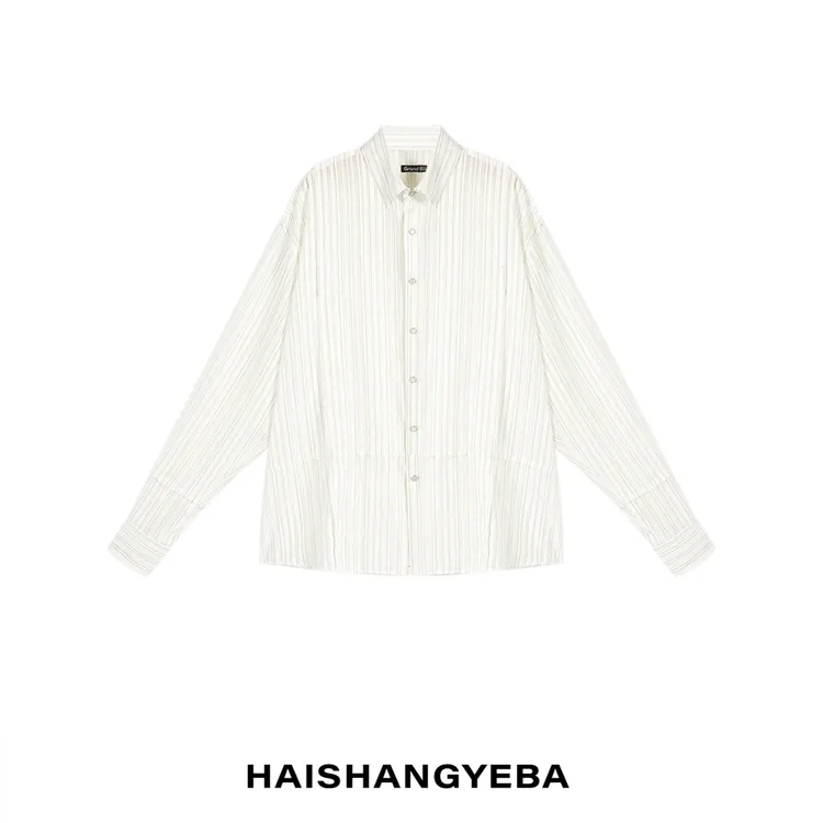 【海上叶爸】新款2025夏季百搭桑蚕丝宽松翻领休闲条纹长袖衬衫