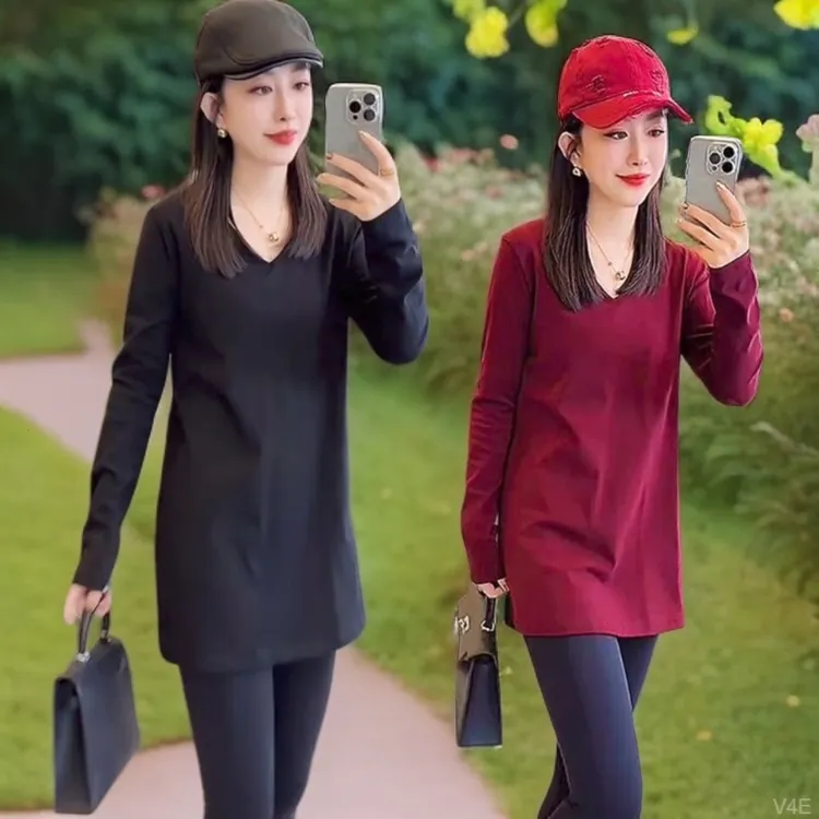 洋气百搭欧货中长款T恤通勤肩正v领打底衫显瘦减龄纯色时尚宽松