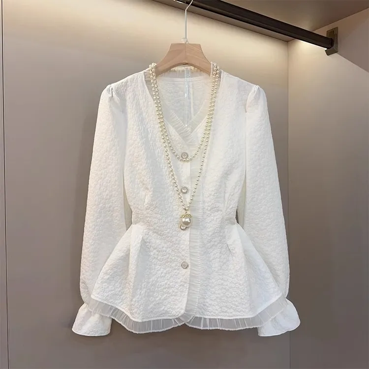 胖妹妹V领小衫2025秋新款大码女装遮肉显瘦衬衫气质收腰上衣8321