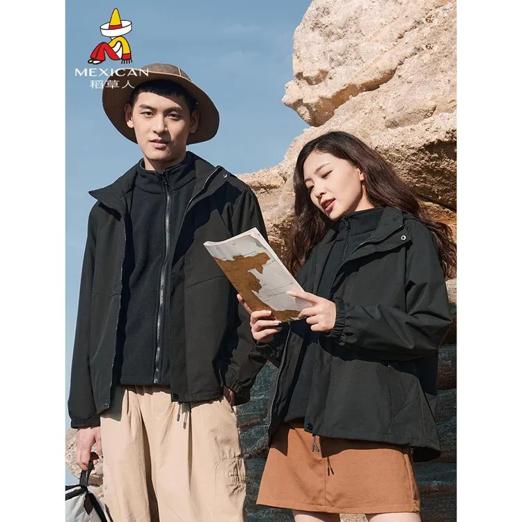 稻草人户外冲锋衣男女三合一防风防水可拆卸银狐绒内胆露营登山服