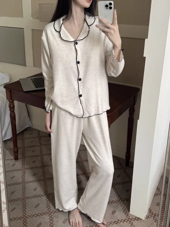 韩系简约慵懒睡衣女秋冬季保暖双面磨毛长袖休闲家居服套装可外穿