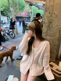 【柔柔心动】粉色麻花毛衣开衫外套女秋冬宽松慵懒针织上衣