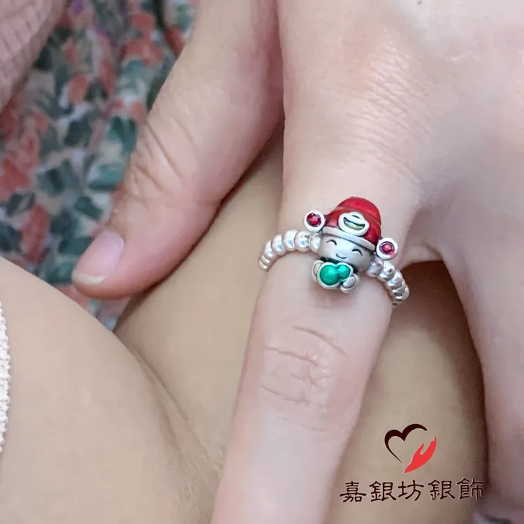 足银戒指 999纯银小财神转运珠弹力珐琅彩红色本命年戒指情侣闺蜜
