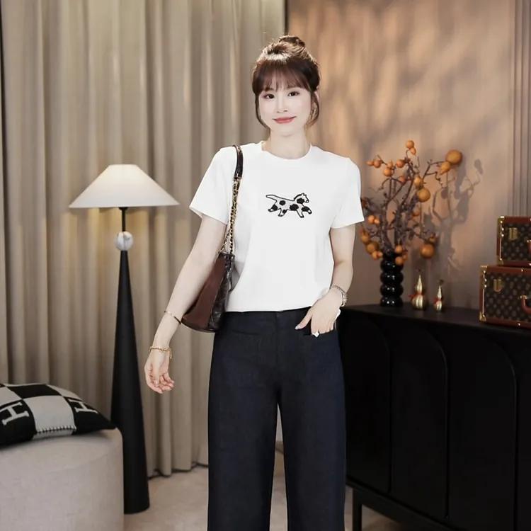 LMENY“小马刺绣T”兰精莫代尔绒感立体肌理毛巾链条绣T恤25CT008