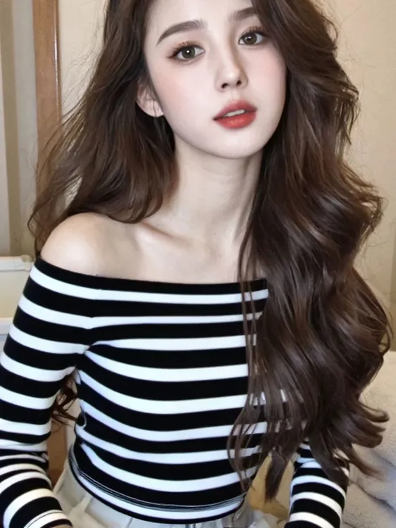 独特漂亮小衫超火黑白撞色条纹一字肩甜辣长袖T恤女2025早秋上衣