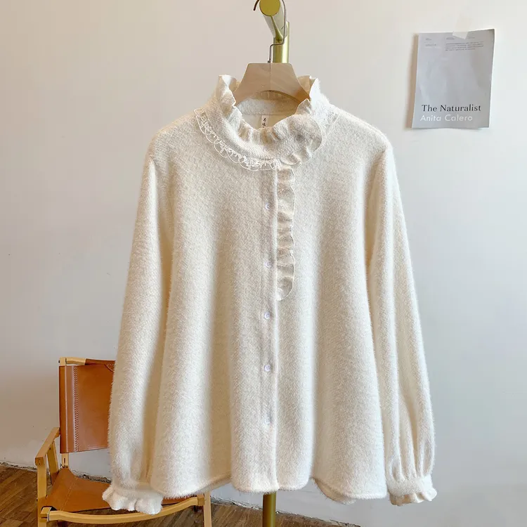 甜茶Y4150蕾丝边全开扣立领长袖衬衫