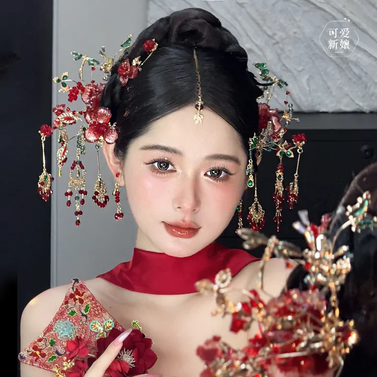 龙凤褂新娘头饰红绿色高级感大气水凝花朵发簪中式秀禾发饰HZ1246