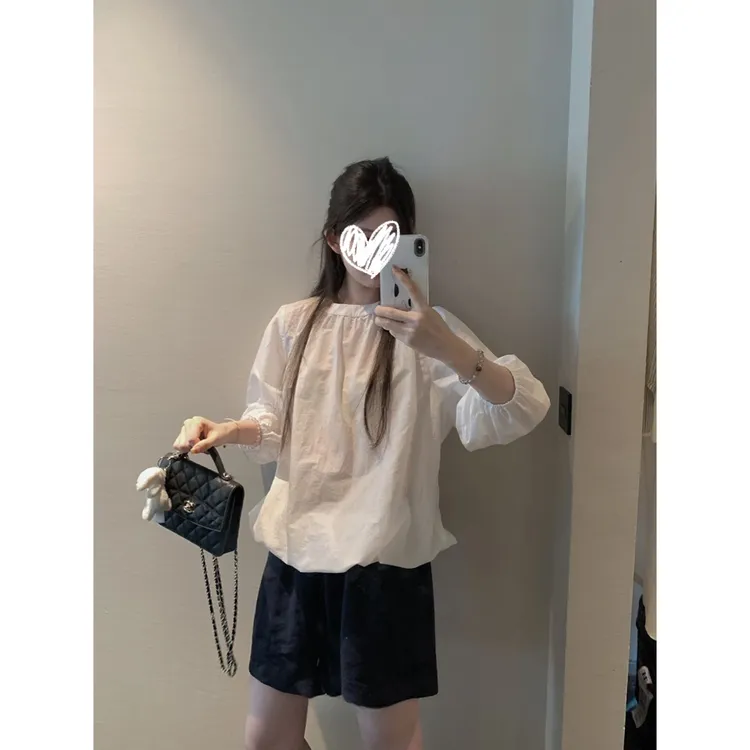 秋日氧气 白色圆领泡泡袖宽松套头衬衫~夏日休闲短裤Y3032 Y3033