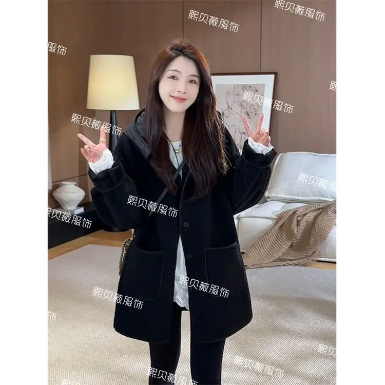 熙贝薇9 秋冬新款拼接帽子宽松显瘦百搭大口袋保暖外套 G5599