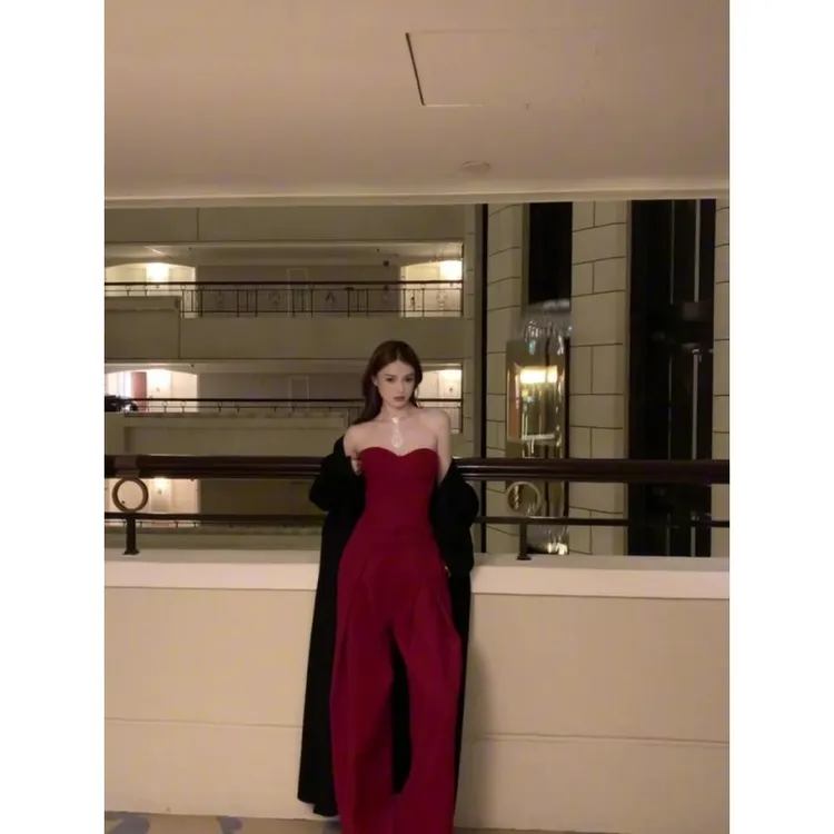 韩系高级感百搭开衫露肩纯色抹胸背心女秋季高腰阔腿休闲裤两件套