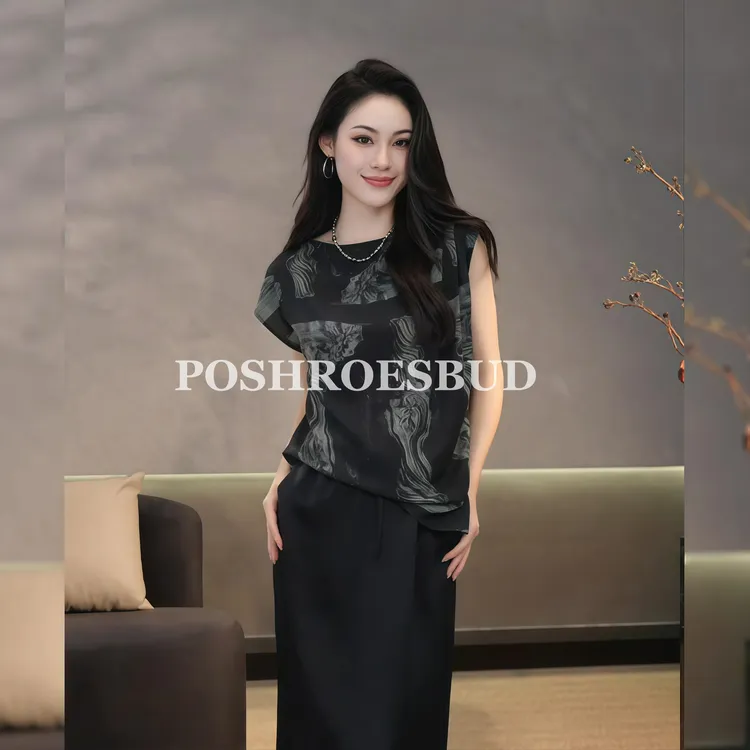 POSHROSEBUD【罗马柱黑】复古印花薄款宽松百搭无袖上衣衫-LT0296