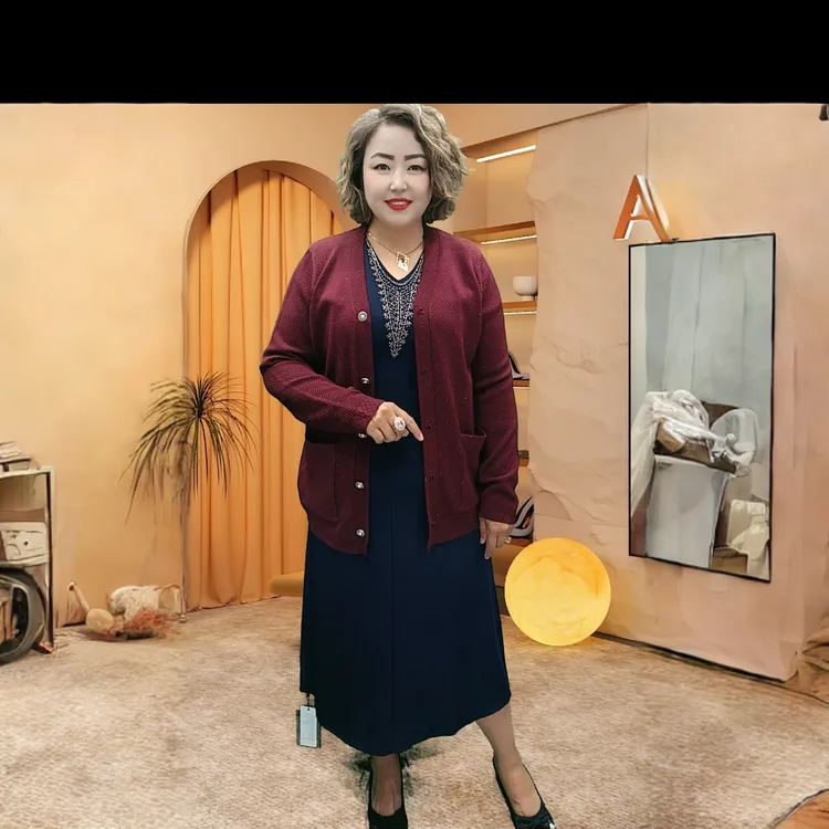 妈妈秋冬大码宽松V领蚕丝针织开衫防晒衫洋气减龄