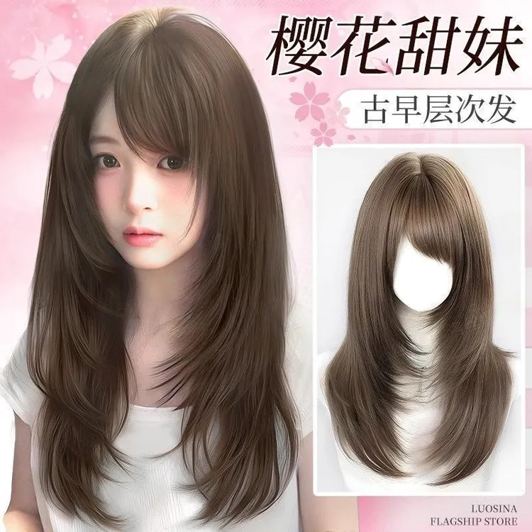 【樱花甜妹】假发女免发网斜刘海高层次轻盈透气蓬松免醒发全头套