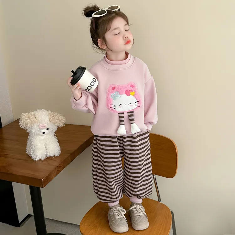 女童加绒条纹套装秋冬季2025新款儿童卡通卫衣女宝休闲加厚两件套