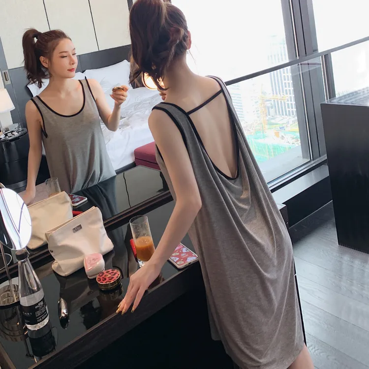 带胸垫莫代尔无袖露背性感睡裙夏季吊带美背网红背心睡衣女春秋薄