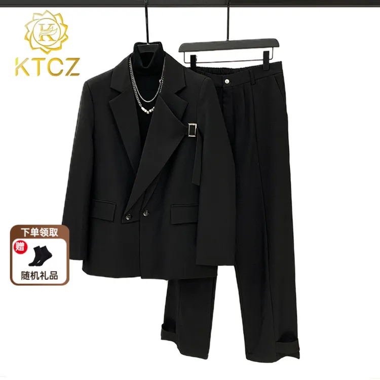KTCZ高级感翻领扣带西装男韩版宽松纯色休闲痞帅西服