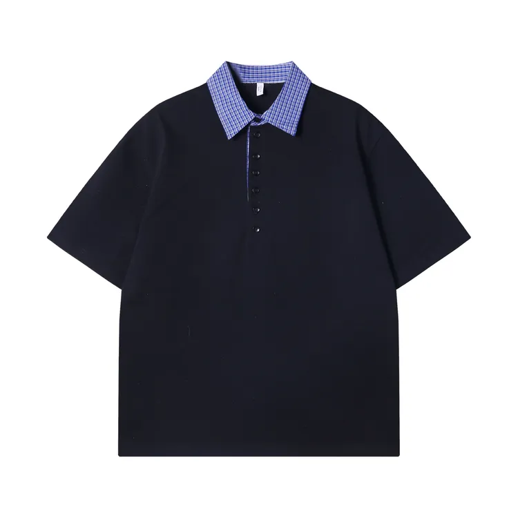 夏季高级感新款韩版拼接翻领半纽扣短袖T恤百搭商务简约上衣