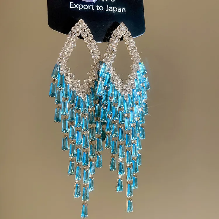 合金仿水晶耳饰 银针新款耳饰高级聚会礼服气质长款耳环蓝色时尚