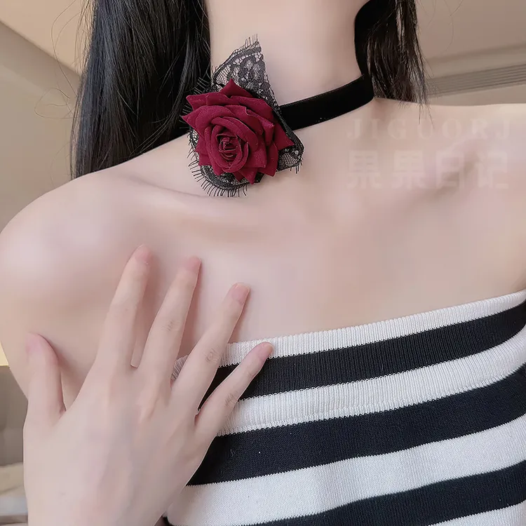 非金属布艺项链 暗黑玫瑰花女蕾丝颈链性感花朵锁骨链choker颈带
