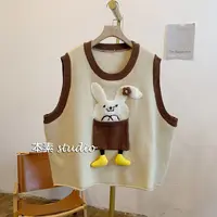 C1801兔子刺绣拼色圆领针织马甲