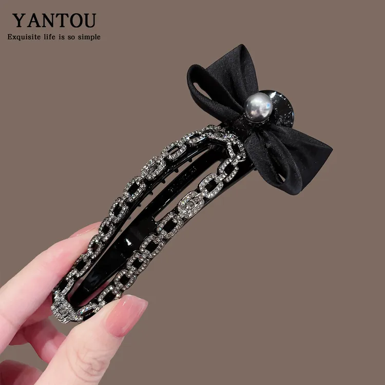 韩国新款闪亮水钻发夹精致轻奢蝴蝶结链条带齿防滑盘发鸭嘴夹头饰