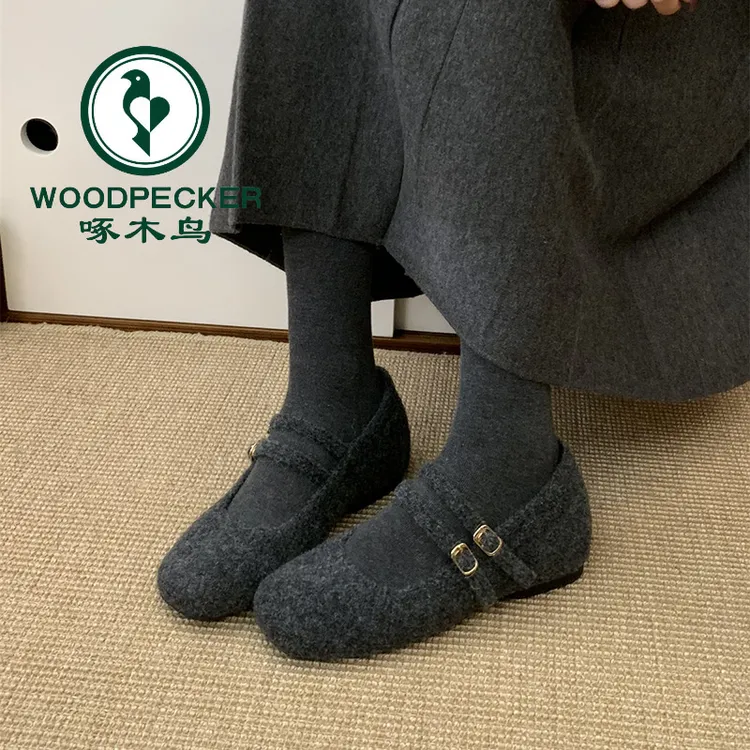 啄木鸟内增高玛丽珍毛毛鞋女冬外穿法式灰色呢子单鞋厚底加绒棉鞋