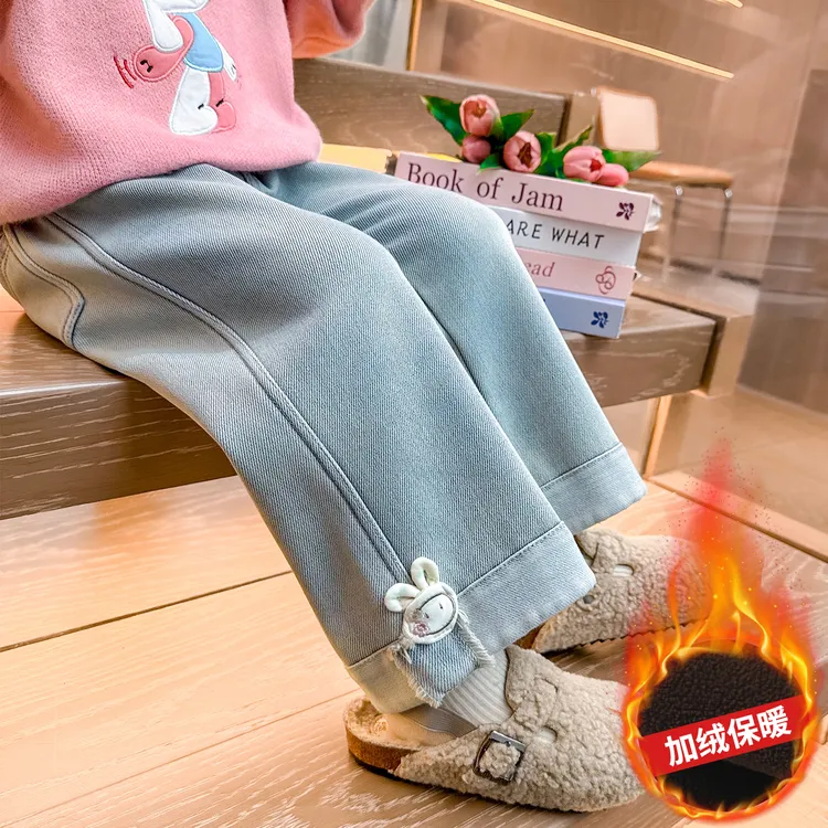 女童加绒牛仔裤秋2025新款洋气女孩宝宝直筒裤阔腿裤裤冬款儿童潮