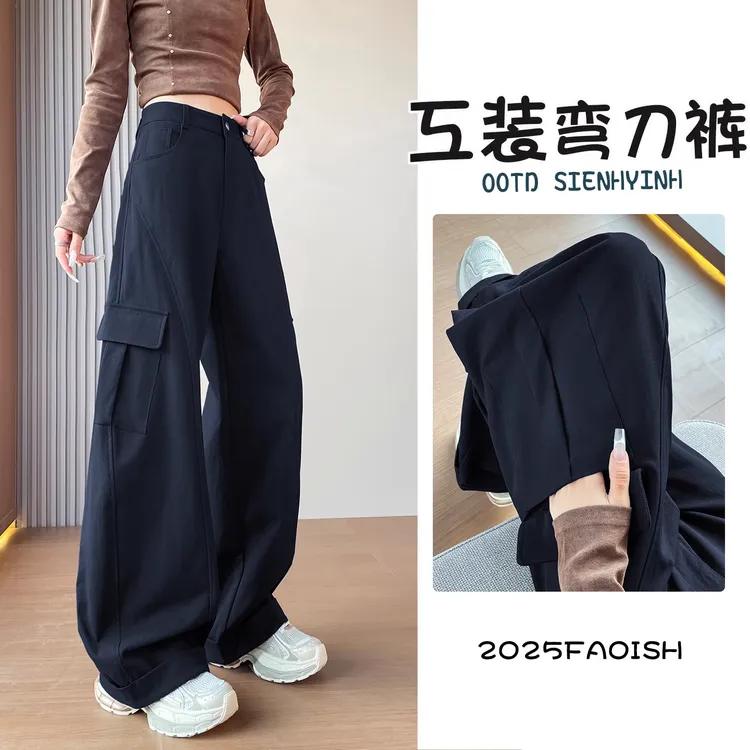 美式复古翻边弯刀工装裤女2025春秋款高腰宽松显瘦直筒休闲镰刀裤